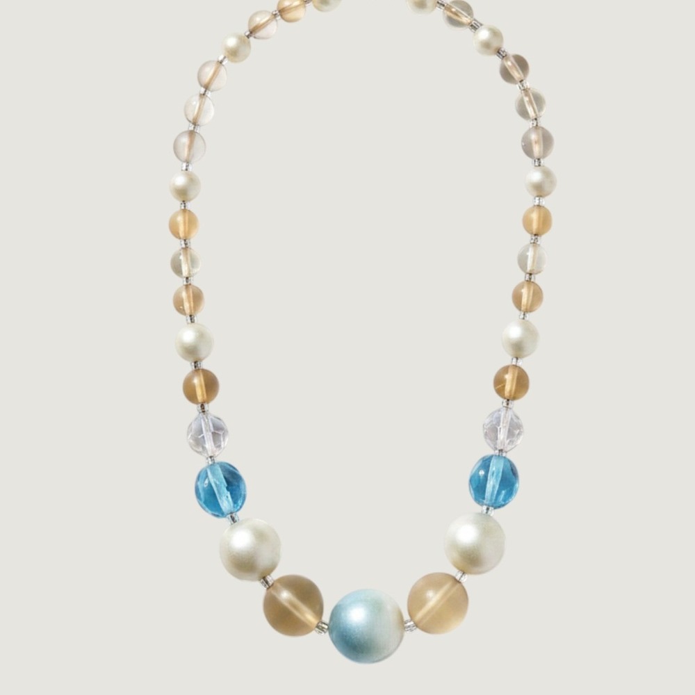 Vintage Japan Lucite Beads Blue Glass Necklace Mid Century Modern 16 Inch MCM